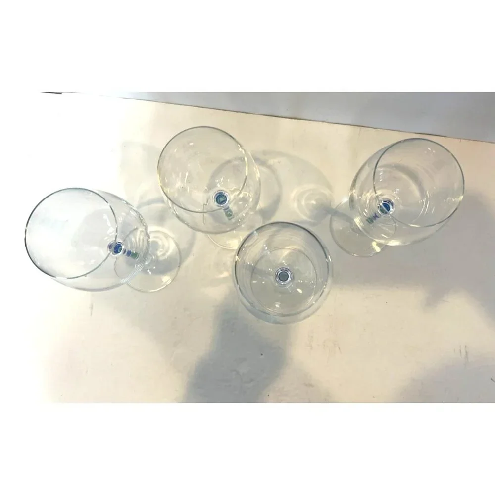Set (4) Vintage Pier 1 Hand Painted Water Goblets Wine Glasses Blue Green Stripe